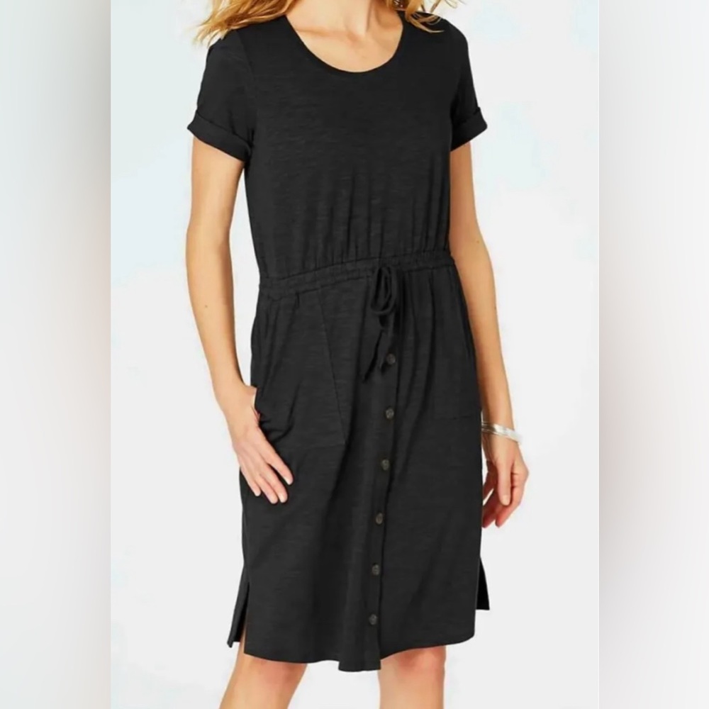 J. Jill Soft Stretchy Cotton Slub Short Sleeve Pockets Tie Waist Midi Dress S